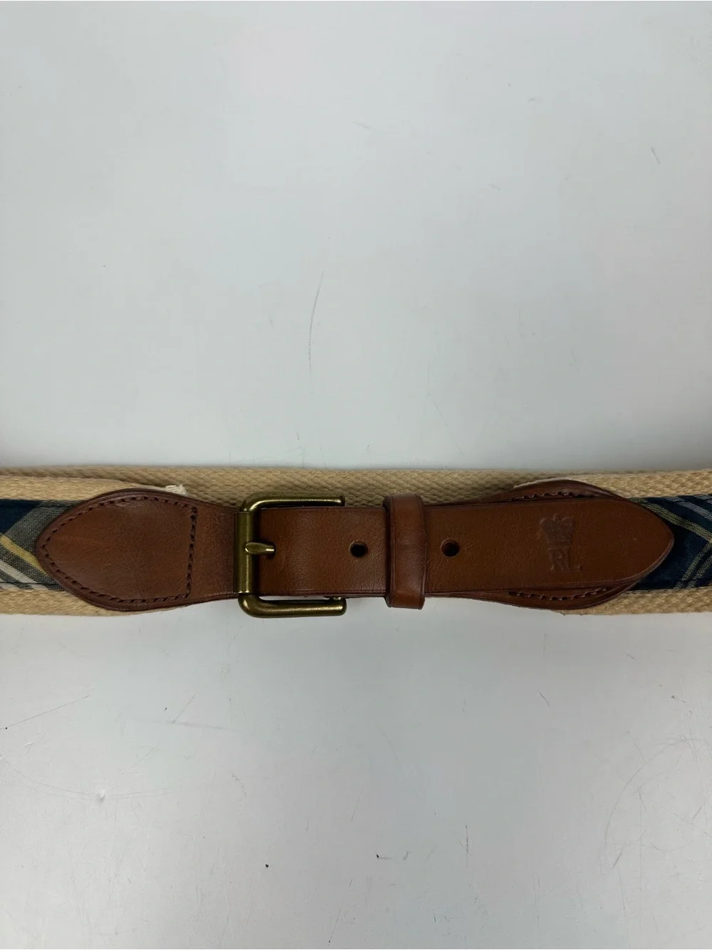 Polo by Ralph Lauren Navy Plaid Canvas Belt with Tan Trim